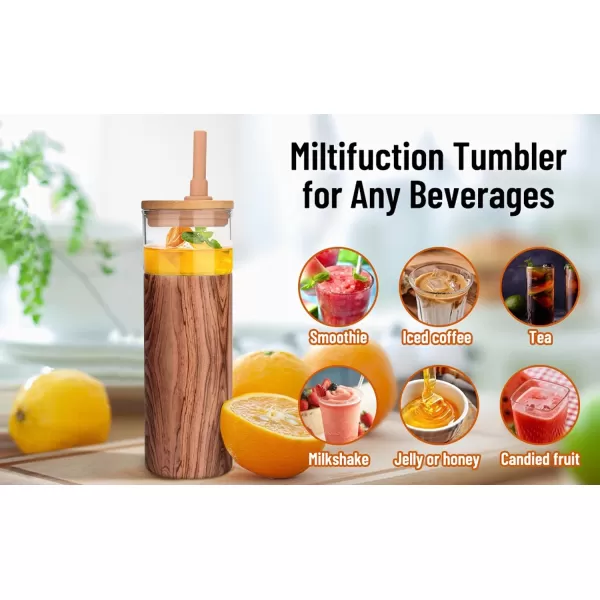 Tronco 20 oz Double Wall Glass Cups with Lids and Straws Stainless Steel Outer SweatFree Glass Water Bottles Reusable Insulated Iced Coffee Cup Smoothie Cup Glass Cups with Bamboo LidsBlack
