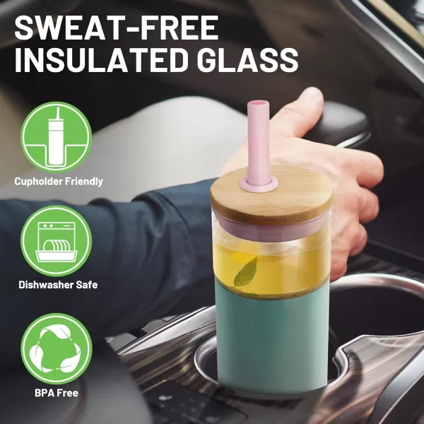 Tronco 20 oz Double Wall Glass Cups with Lids and Straws Stainless Steel Outer SweatFree Glass Water Bottles Reusable Insulated Iced Coffee Cup Smoothie Cup Glass Cups with Bamboo LidsFrench Grey