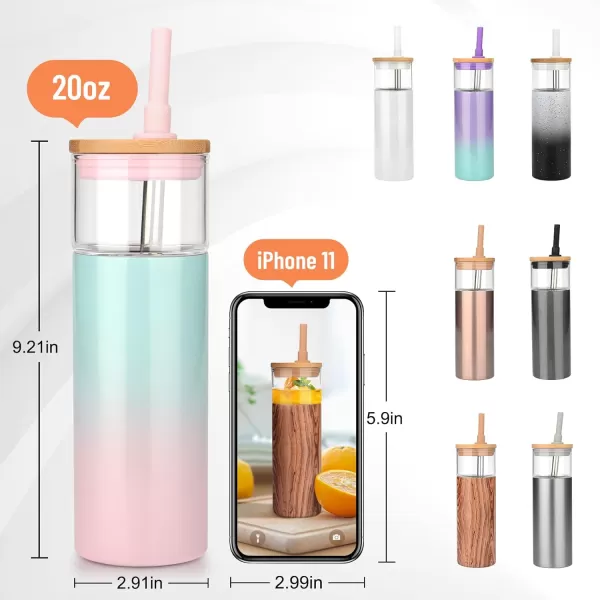 Tronco 20 oz Double Wall Glass Cups with Lids and Straws Stainless Steel Outer SweatFree Glass Water Bottles Reusable Insulated Iced Coffee Cup Smoothie Cup Glass Cups with Bamboo LidsBlack