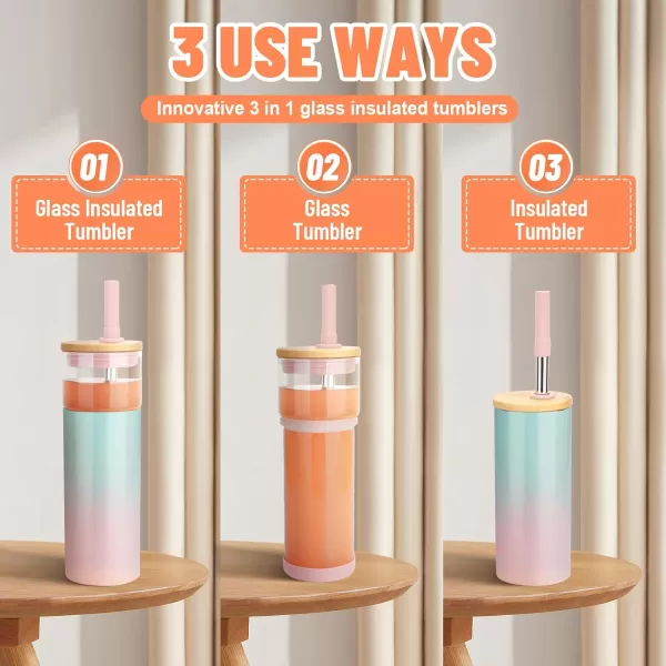Tronco 20 oz Double Wall Glass Cups with Lids and Straws Stainless Steel Outer SweatFree Glass Water Bottles Reusable Insulated Iced Coffee Cup Smoothie Cup Glass Cups with Bamboo LidsWhite