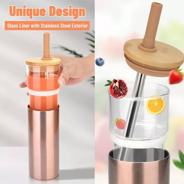 Tronco 20 oz Double Wall Glass Cups with Lids and Straws Stainless Steel Outer SweatFree Glass Water Bottles Reusable Insulated Iced Coffee Cup Smoothie Cup Glass Cups with Bamboo LidsWhite