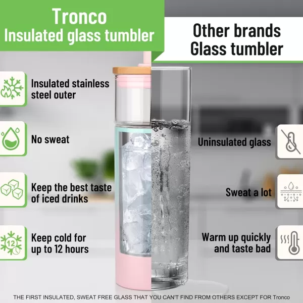 Tronco 20 oz Double Wall Glass Cups with Lids and Straws Stainless Steel Outer SweatFree Glass Water Bottles Reusable Insulated Iced Coffee Cup Smoothie Cup Glass Cups with Bamboo LidsFrench Grey