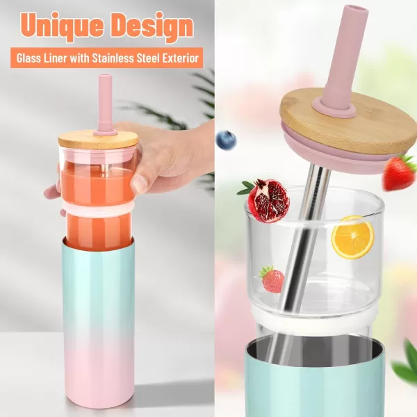Tronco 20 oz Double Wall Glass Cups with Lids and Straws Stainless Steel Outer SweatFree Glass Water Bottles Reusable Insulated Iced Coffee Cup Smoothie Cup Glass Cups with Bamboo LidsBlack