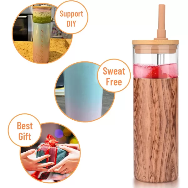 Tronco 20 oz Double Wall Glass Cups with Lids and Straws Stainless Steel Outer SweatFree Glass Water Bottles Reusable Insulated Iced Coffee Cup Smoothie Cup Glass Cups with Bamboo LidsBlack