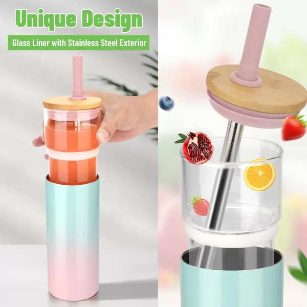 Tronco 20 oz Double Wall Glass Cups with Lids and Straws Stainless Steel Outer SweatFree Glass Water Bottles Reusable Insulated Iced Coffee Cup Smoothie Cup Glass Cups with Bamboo LidsFrench Grey