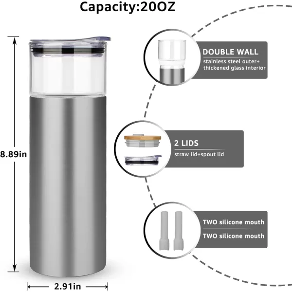 Tronco 20 oz Glass Tumbler with Lid ampamp StrawDouble Wall Insulated Tumbler with Glass Inside ampamp Stainless Steel Outside SweatFree 2 Lids For Ice Coffee Smoothie BPA Free French Grey