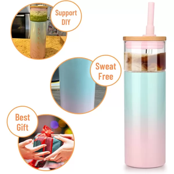 Tronco 20 oz Glass Tumbler with Lid ampamp StrawDouble Wall Insulated Tumbler with Glass Inside ampamp Stainless Steel Outside SweatFree 2 Lids For Ice Coffee Smoothie BPA Free French Grey