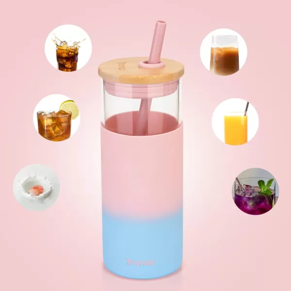 Tronco 20 oz Glass Tumbler with Straw and Bamboo Lid Reusable Iced Coffee Cup Smoothie Cup Glass Water Bottle with Silicone Sleeve  BPA Free Gift for Women Birthdays GraduationsAzure