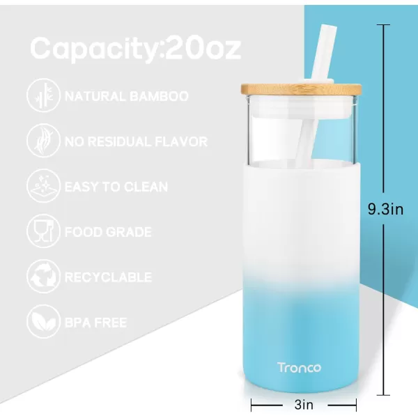 Tronco 20 oz Glass Tumbler with Straw and Bamboo Lid Reusable Iced Coffee Cup Smoothie Cup Glass Water Bottle with Silicone Sleeve  BPA Free Gift for Women Birthdays GraduationsAzure