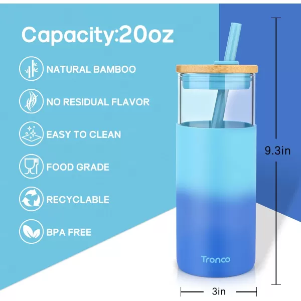Tronco 20 oz Glass Tumbler with Straw and Bamboo Lid Reusable Iced Coffee Cup Smoothie Cup Glass Water Bottle with Silicone Sleeve  BPA Free Gift for Women Birthdays GraduationsBlue Waves