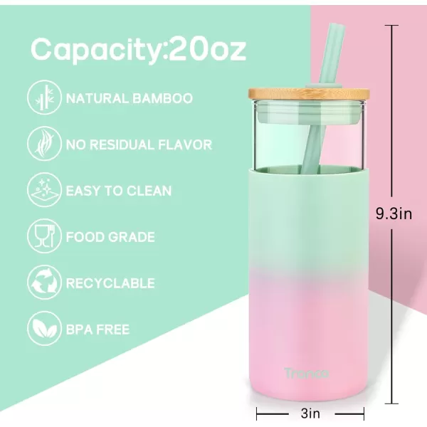 Tronco 20 oz Glass Tumbler with Straw and Bamboo Lid Reusable Iced Coffee Cup Smoothie Cup Glass Water Bottle with Silicone Sleeve  BPA Free Gift for Women Birthdays GraduationsBubble Gum