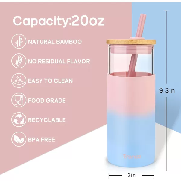 Tronco 20 oz Glass Tumbler with Straw and Bamboo Lid Reusable Iced Coffee Cup Smoothie Cup Glass Water Bottle with Silicone Sleeve  BPA Free Gift for Women Birthdays GraduationsPink horizon