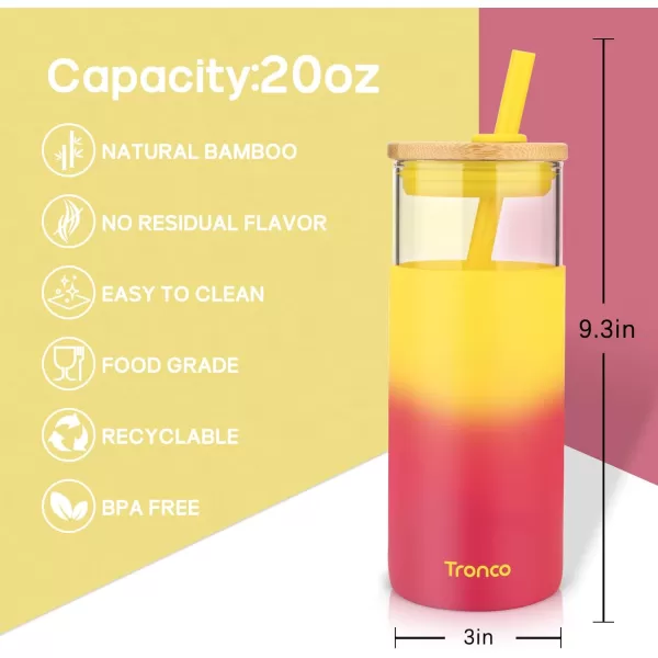 Tronco 20 oz Glass Tumbler with Straw and Bamboo Lid Reusable Iced Coffee Cup Smoothie Cup Glass Water Bottle with Silicone Sleeve  BPA Free Gift for Women Birthdays GraduationsFire