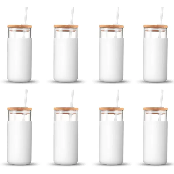 Tronco 20 oz Glass Tumbler with Straw and Lid Glass Cup with Lid and Straw Iced Coffee Cup Reusable Smoothie Cups Bamboo Lid and Protective Silicone Sleeve  BPAFreeWhite