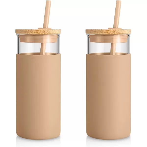 Tronco 20 oz Glass Tumbler with Straw and Lid Glass Cup with Lid and Straw Iced Coffee Cup Reusable Smoothie Cups Bamboo Lid and Protective Silicone Sleeve  BPAFreeAmber