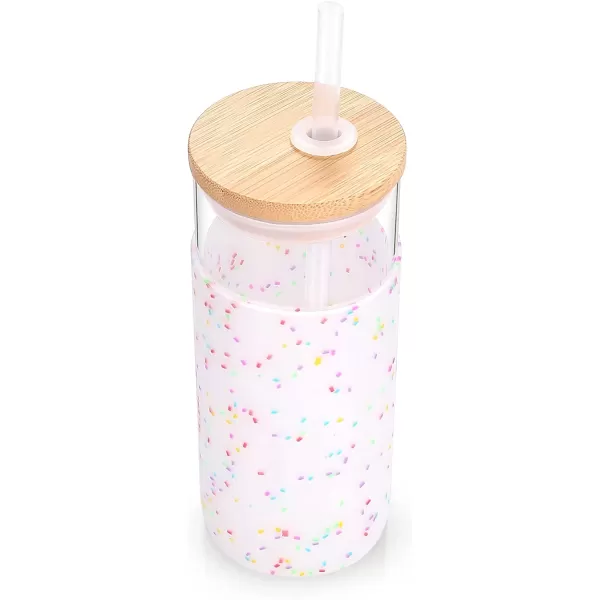 Tronco 20 oz Glass Tumbler with Straw and Lid Glass Cup with Lid and Straw Iced Coffee Cup Reusable Smoothie Cups Bamboo Lid and Protective Silicone Sleeve  BPAFreeColorful spots