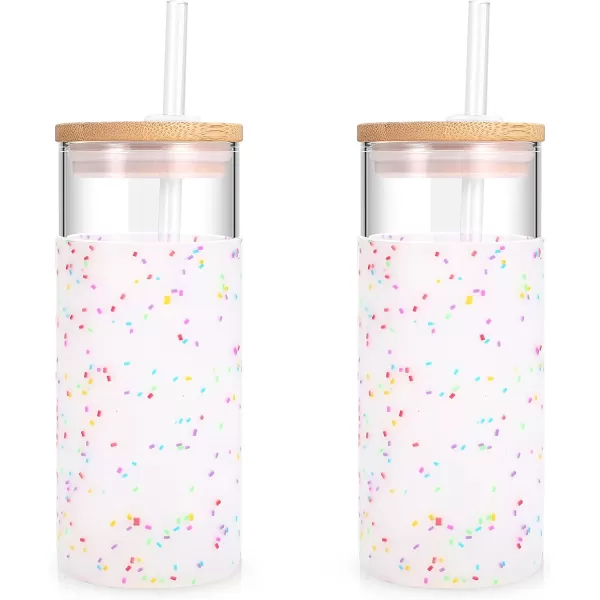 Tronco 20 oz Glass Tumbler with Straw and Lid Glass Cup with Lid and Straw Iced Coffee Cup Reusable Smoothie Cups Bamboo Lid and Protective Silicone Sleeve  BPAFreeColorful spots