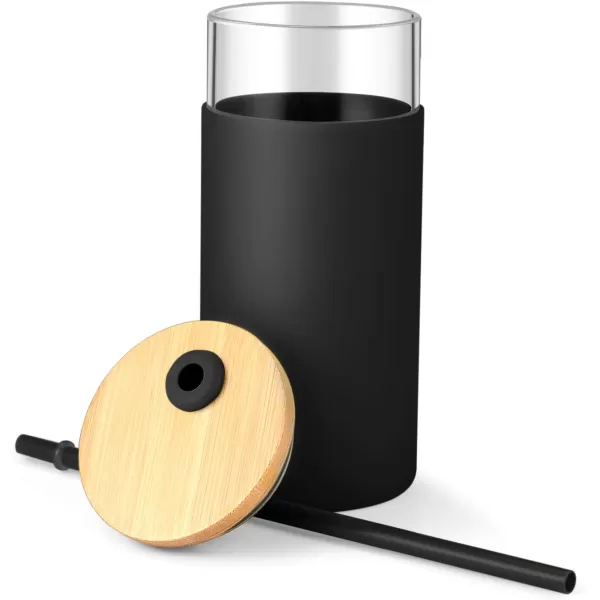 Tronco 20 oz Glass Tumbler with Straw and Lid Glass Cup with Lid and Straw Iced Coffee Cup Reusable Smoothie Cups Bamboo Lid and Protective Silicone Sleeve  BPAFreeBlack French Grey