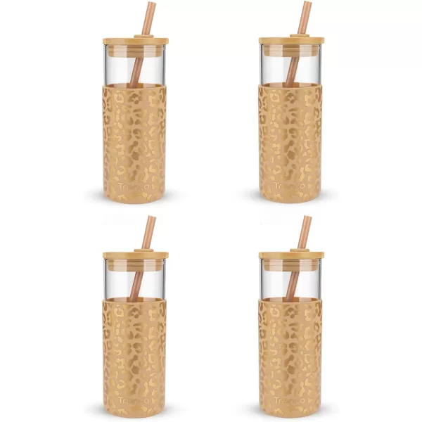 Tronco 20 oz Glass Tumbler with Straw and Lid Glass Cup with Lid and Straw Iced Coffee Cup Reusable Smoothie Cups Bamboo Lid and Protective Silicone Sleeve  BPAFreeAmber leopard