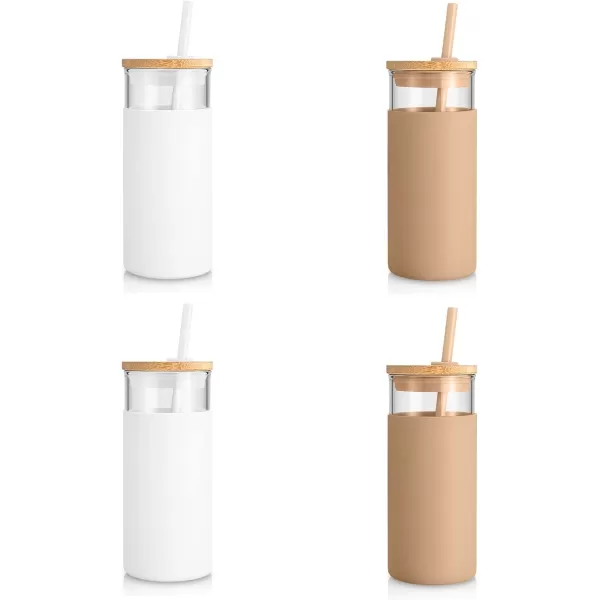 Tronco 20 oz Glass Tumbler with Straw and Lid Glass Cup with Lid and Straw Iced Coffee Cup Reusable Smoothie Cups Bamboo Lid and Protective Silicone Sleeve  BPAFreeWhite Amber