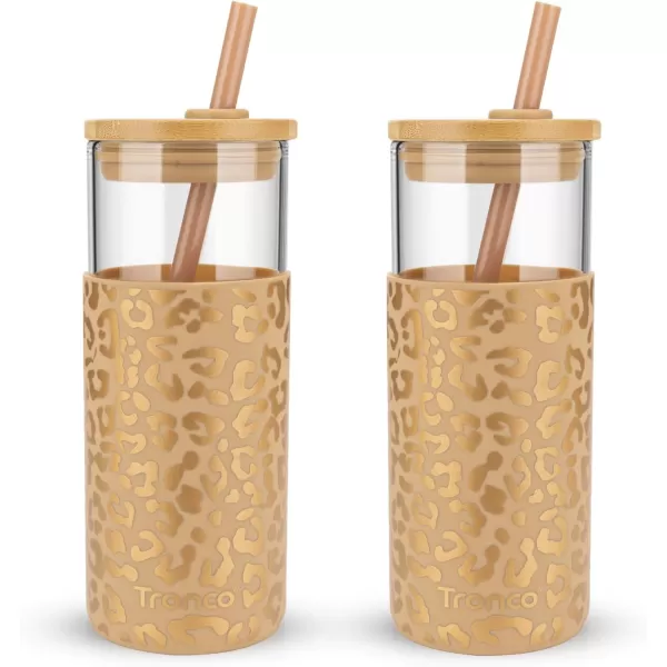 Tronco 20 oz Glass Tumbler with Straw and Lid Glass Cup with Lid and Straw Iced Coffee Cup Reusable Smoothie Cups Bamboo Lid and Protective Silicone Sleeve  BPAFreeAmber leopard