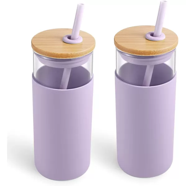 Tronco 20 oz Glass Tumbler with Straw and Lid Glass Cup with Lid and Straw Iced Coffee Cup Reusable Smoothie Cups Bamboo Lid and Protective Silicone Sleeve  BPAFreeLight Purple