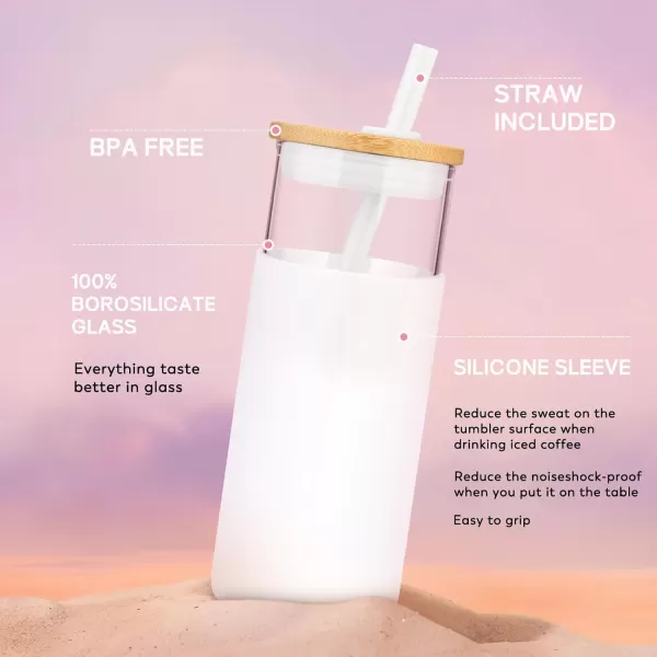 Tronco 20 oz Glass Tumbler with Straw and Lid Glass Cup with Lid and Straw Iced Coffee Cup Reusable Smoothie Cups Bamboo Lid and Protective Silicone Sleeve  BPAFreeTerrazzo Blush