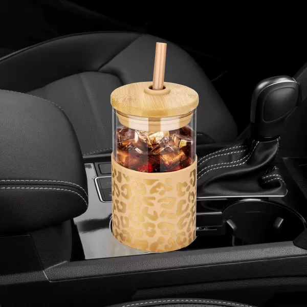 Tronco 20 oz Glass Tumbler with Straw and Lid Glass Cup with Lid and Straw Iced Coffee Cup Reusable Smoothie Cups Bamboo Lid and Protective Silicone Sleeve  BPAFreeAmber leopard