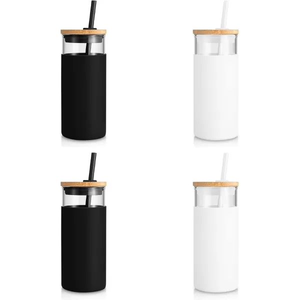 Tronco 20 oz Glass Tumbler with Straw and Lid Glass Cup with Lid and Straw Iced Coffee Cup Reusable Smoothie Cups Bamboo Lid and Protective Silicone Sleeve  BPAFreeWhite Black