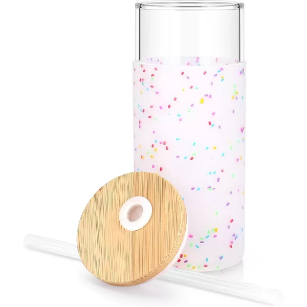Tronco 20 oz Glass Tumbler with Straw and Lid Glass Cup with Lid and Straw Iced Coffee Cup Reusable Smoothie Cups Bamboo Lid and Protective Silicone Sleeve  BPAFreeColorful spots
