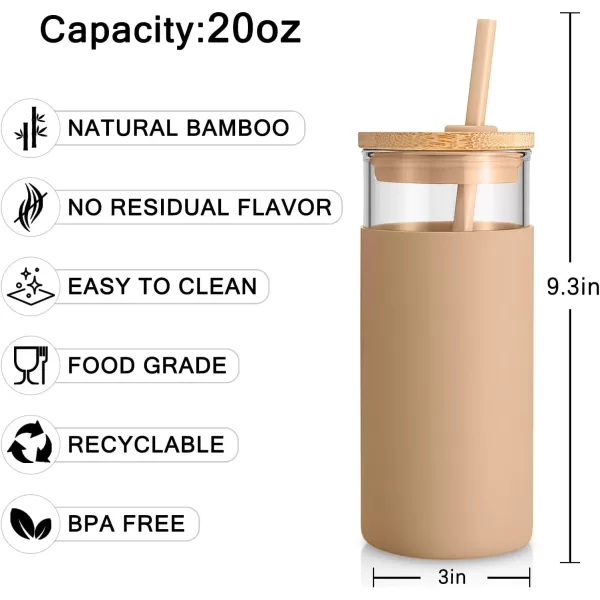 Tronco 20 oz Glass Tumbler with Straw and Lid Glass Cup with Lid and Straw Iced Coffee Cup Reusable Smoothie Cups Bamboo Lid and Protective Silicone Sleeve  BPAFreeBlack Amber
