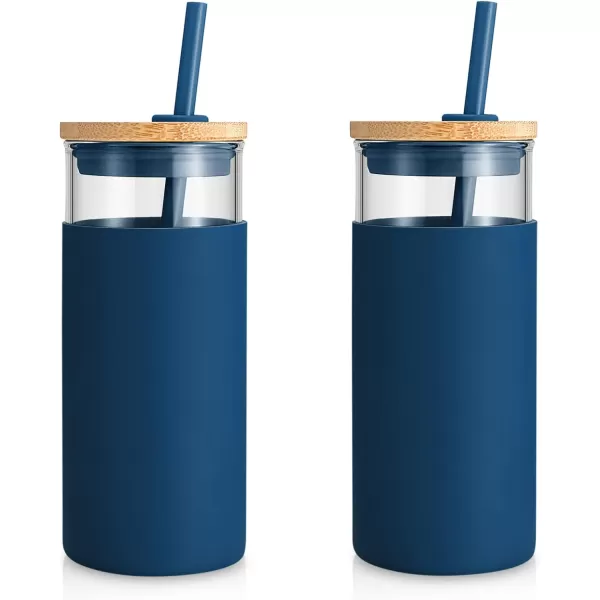 Tronco 20 oz Glass Tumbler with Straw and Lid Glass Cup with Lid and Straw Iced Coffee Cup Reusable Smoothie Cups Bamboo Lid and Protective Silicone Sleeve  BPAFreeBlue Horizon