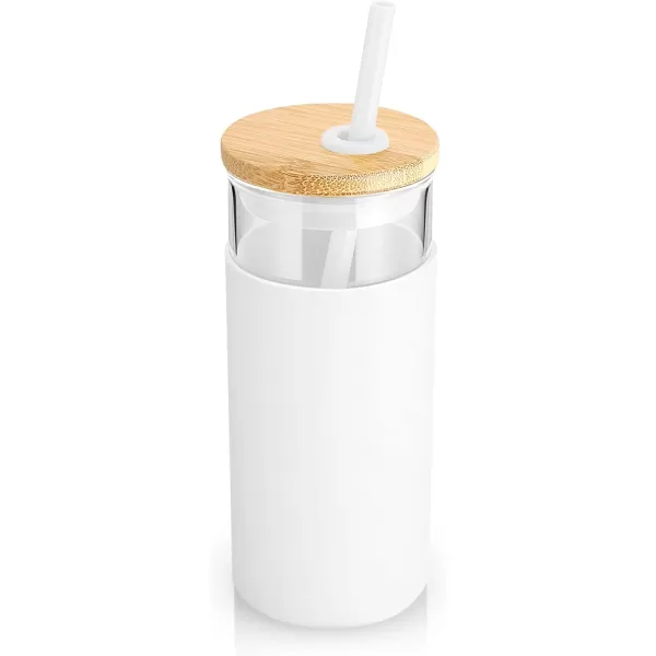Tronco 20 oz Glass Tumbler with Straw and Lid Glass Cup with Lid and Straw Iced Coffee Cup Reusable Smoothie Cups Bamboo Lid and Protective Silicone Sleeve  BPAFreeWhite Black
