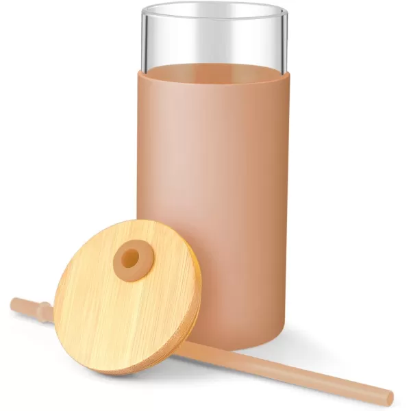 Tronco 20 oz Glass Tumbler with Straw and Lid Glass Cup with Lid and Straw Iced Coffee Cup Reusable Smoothie Cups Bamboo Lid and Protective Silicone Sleeve  BPAFreeAmber