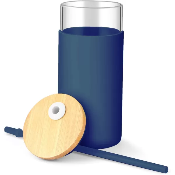 Tronco 20 oz Glass Tumbler with Straw and Lid Glass Cup with Lid and Straw Iced Coffee Cup Reusable Smoothie Cups Bamboo Lid and Protective Silicone Sleeve  BPAFreeBlue Horizon