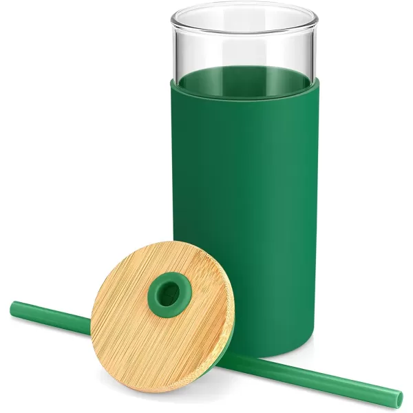 Tronco 20 oz Glass Tumbler with Straw and Lid Glass Cup with Lid and Straw Iced Coffee Cup Reusable Smoothie Cups Bamboo Lid and Protective Silicone Sleeve  BPAFreeBlackish Green