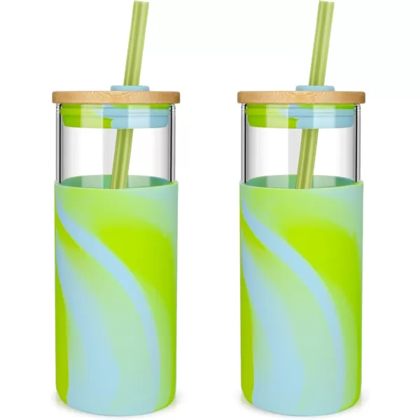 Tronco 20 oz Glass Tumbler with Straw and Lid Glass Cup with Lid and Straw Iced Coffee Cup Reusable Smoothie Cups Bamboo Lid and Protective Silicone Sleeve  BPAFreeBright Green