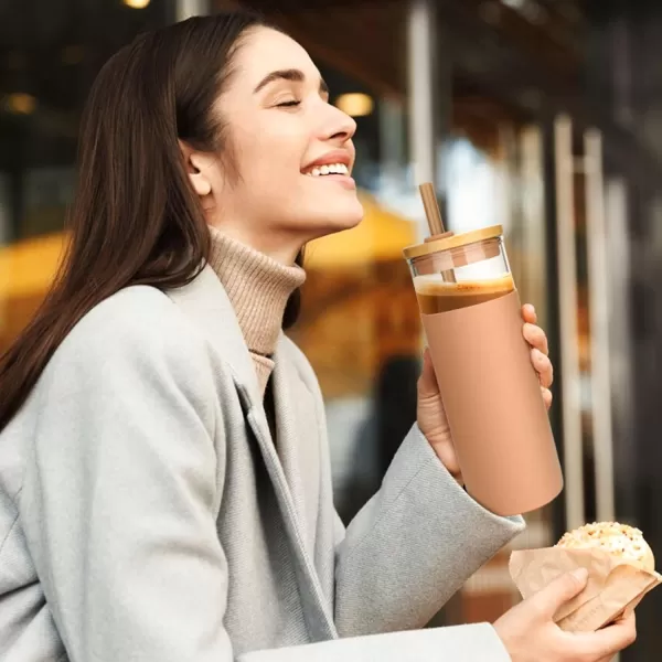 Tronco 20 oz Glass Tumbler with Straw and Lid Glass Cup with Lid and Straw Iced Coffee Cup Reusable Smoothie Cups Bamboo Lid and Protective Silicone Sleeve  BPAFreeAmber