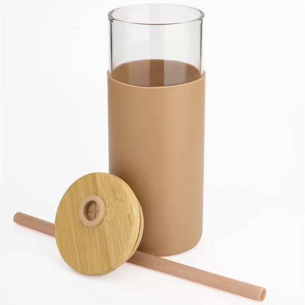 Tronco 20 oz Glass Tumbler with Straw and Lid Glass Cup with Lid and Straw Iced Coffee Cup Reusable Smoothie Cups Bamboo Lid and Protective Silicone Sleeve  BPAFreeBlack Amber