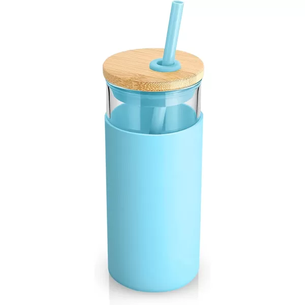 Tronco 20 oz Glass Tumbler with Straw and Lid Glass Cup with Lid and Straw Iced Coffee Cup Reusable Smoothie Cups Bamboo Lid and Protective Silicone Sleeve  BPAFreeCape Cod Blue