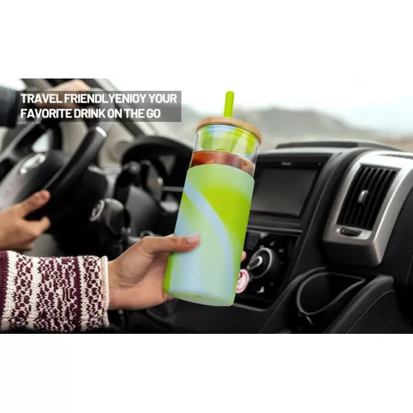 Tronco 20 oz Glass Tumbler with Straw and Lid Glass Cup with Lid and Straw Iced Coffee Cup Reusable Smoothie Cups Bamboo Lid and Protective Silicone Sleeve  BPAFreeAmber leopard