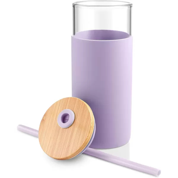 Tronco 20 oz Glass Tumbler with Straw and Lid Glass Cup with Lid and Straw Iced Coffee Cup Reusable Smoothie Cups Bamboo Lid and Protective Silicone Sleeve  BPAFreeLight Purple