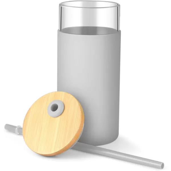 Tronco 20 oz Glass Tumbler with Straw and Lid Glass Cup with Lid and Straw Iced Coffee Cup Reusable Smoothie Cups Bamboo Lid and Protective Silicone Sleeve  BPAFreeFrench Grey