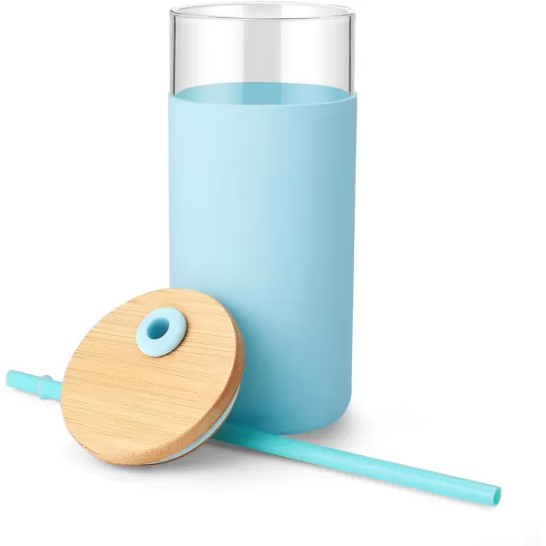 Tronco 20 oz Glass Tumbler with Straw and Lid Glass Cup with Lid and Straw Iced Coffee Cup Reusable Smoothie Cups Bamboo Lid and Protective Silicone Sleeve  BPAFreeCape Cod Blue