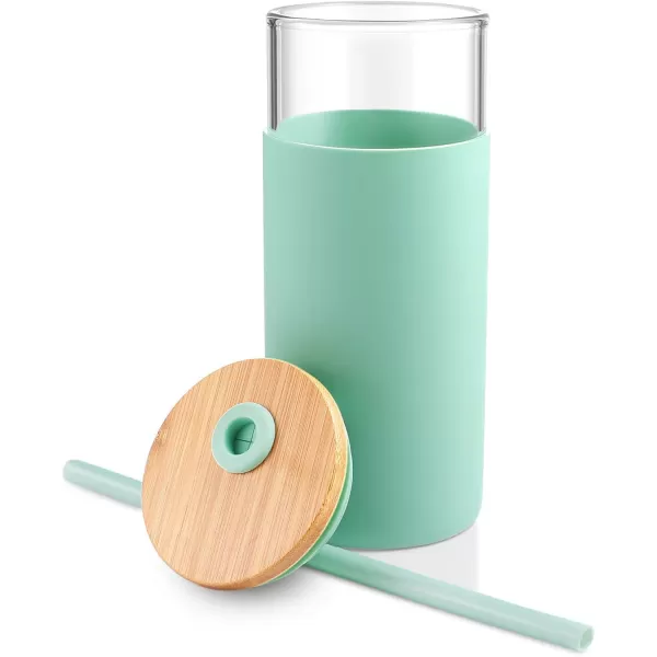 Tronco 20 oz Glass Tumbler with Straw and Lid Glass Cup with Lid and Straw Iced Coffee Cup Reusable Smoothie Cups Bamboo Lid and Protective Silicone Sleeve  BPAFreeMidnight Green