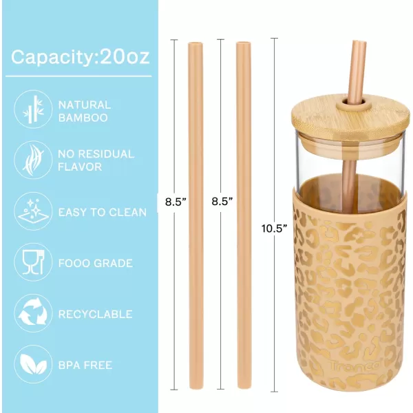 Tronco 20 oz Glass Tumbler with Straw and Lid Glass Cup with Lid and Straw Iced Coffee Cup Reusable Smoothie Cups Bamboo Lid and Protective Silicone Sleeve  BPAFreeAmber leopard