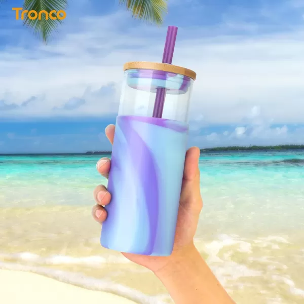 Tronco 20 oz Glass Tumbler with Straw and Lid Glass Cup with Lid and Straw Iced Coffee Cup Reusable Smoothie Cups Bamboo Lid and Protective Silicone Sleeve  BPAFreeBlack color blue