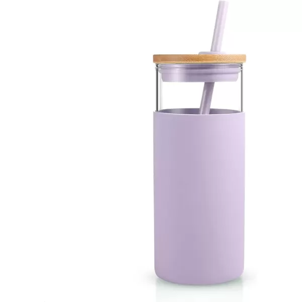 Tronco 20 oz Glass Tumbler with Straw and Lid Glass Cup with Lid and Straw Iced Coffee Cup Reusable Smoothie Cups Bamboo Lid and Protective Silicone Sleeve  BPAFreeLight Purple