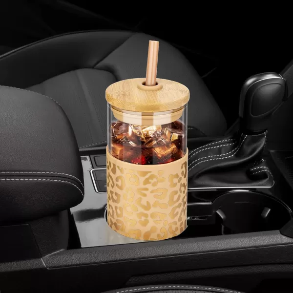 Tronco 20 oz Glass Tumbler with Straw and Lid Glass Cup with Lid and Straw Iced Coffee Cup Reusable Smoothie Cups Bamboo Lid and Protective Silicone Sleeve  BPAFreeAmber leopard