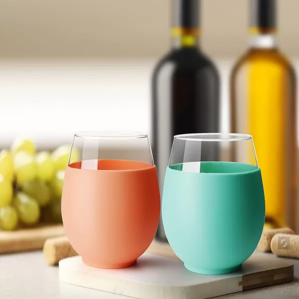 Tronco 20 oz Stemless Wine Glasses with Protective Silicone Sleeve Reusable Wine Glasses for Red or White Wine and Cocktails Dishwasher Safe Set of 4color 2